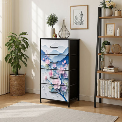 4 Drawer Vertical Storage Dresser Delicate Cherry Blossom Branches Water Droplets Layered Blue Mountains with Wood Top Fabric Pull Drawers