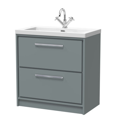 Hudson Reed Lille 600mm Fern Green 2 Drawer  Floor Standing Vanity Unit With 1 Tap Hole Fireclay Basin