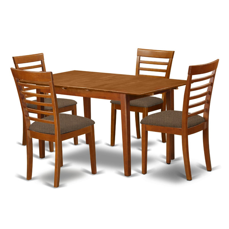 Ensemble de table de salle à manger 5 pièces moderne comprenant une table rectangulaire en bois avec feuille papillon et 4 chaises de salle à manger en tissu de lin, brun selle