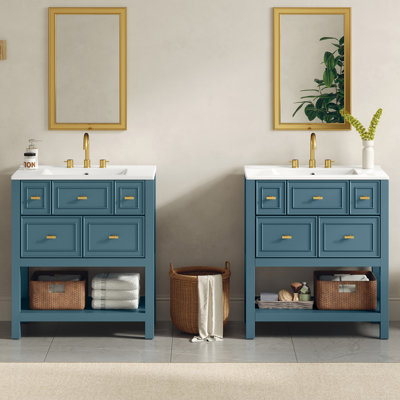Ensemble de meuble-lavabo 60 po avec lavabo en céramique (séparé), ensemble de meuble-lavabo sur pied simple avec tiroirs, armoire de rangement en bois massif
