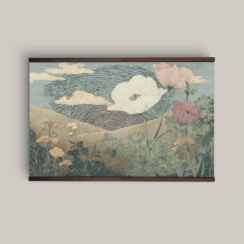 Tenture murale Wild Poppy Field - Illustration botanique de paysage avec crochets en bois, H 40 po x l 60 po