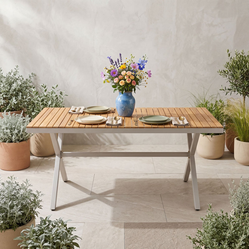 Outdoor Rectangular Dining Table with Solid Wood Top with Steel Frame, Weather-Resistant Patio Table