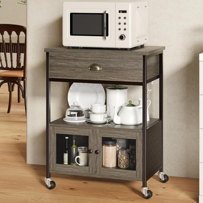 Coffee station, small microwave stand with drawer, movable farmhouse coffee station with table on wheels by 17 Stories