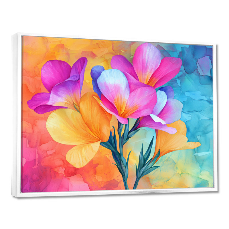 Symphonie lumineuse de fleurs de freesia roses et bleues I - Iris, impression murale, H 24 po x l 32 po, Blanc