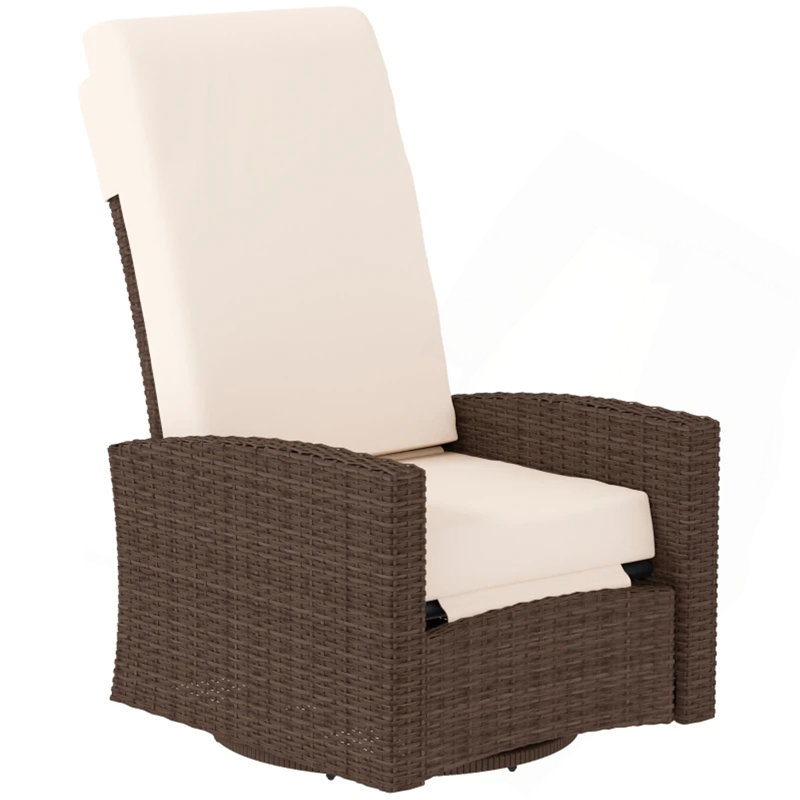 Fauteuil inclinable pivotant confortable en osier, Coussin beige / structure brune