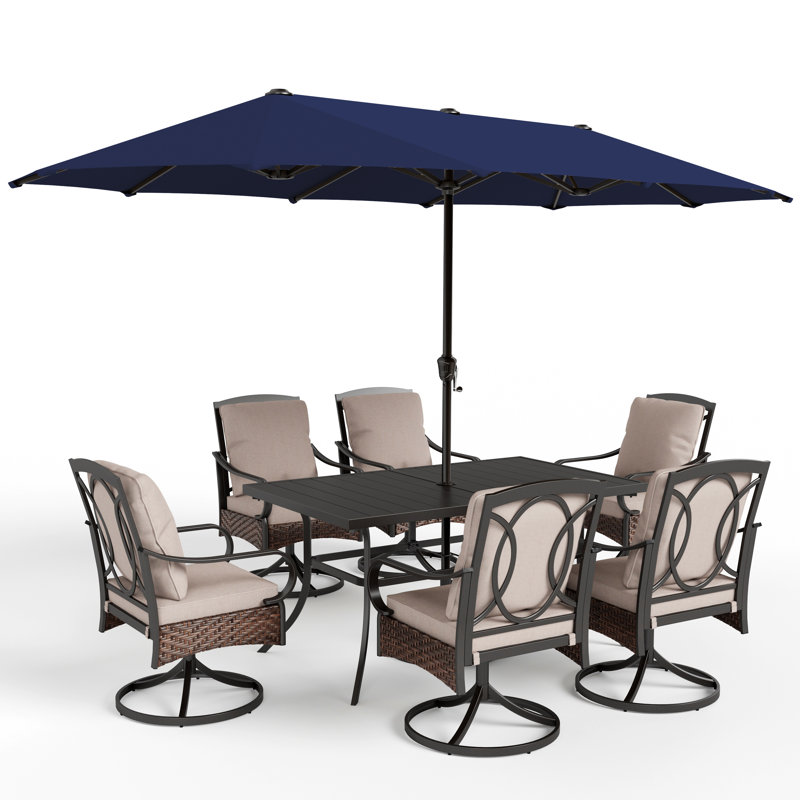Alyah 6 - Person Patio Dining Set with Rectangular Table , Cushions Included, Navy Blue