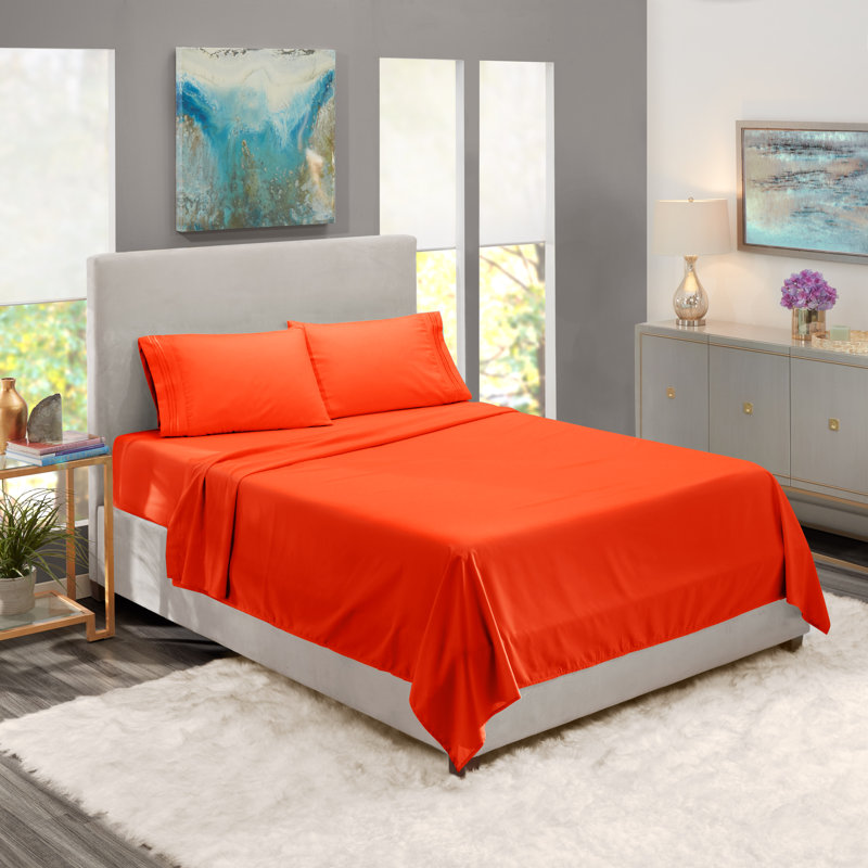  Double Brushed Hotel Luxury Sheet Set with Extra Soft Sheets & Pillowcases, Orange, California King