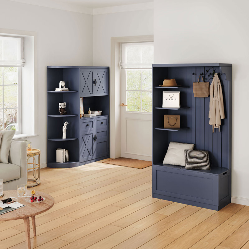 Arbre d'entrée multifonctionnel avec tablettes de rangement, armoire et banc - peut être utilisé séparément, Bleu antique