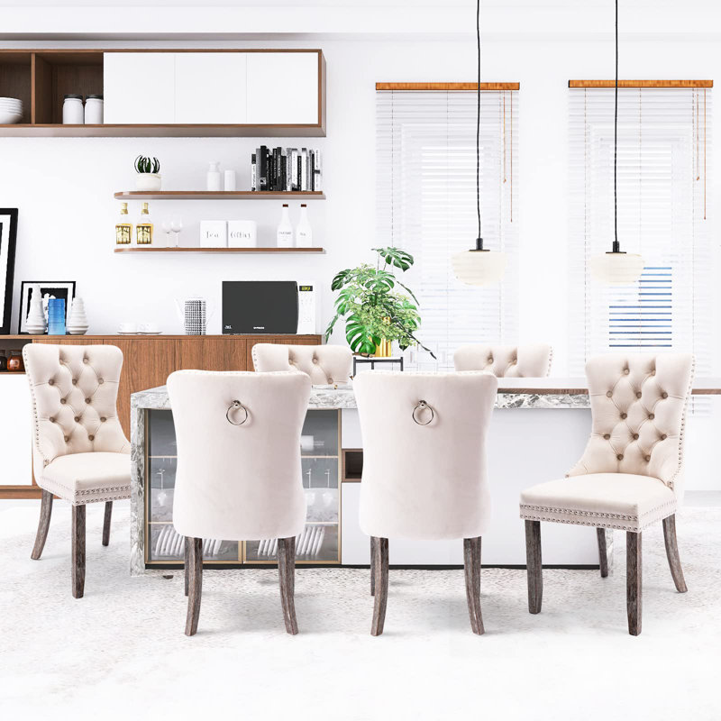 Velvet Dining Chair Tufted Dining Room Chair With Solid Wood Leg (set Of 6), Beige