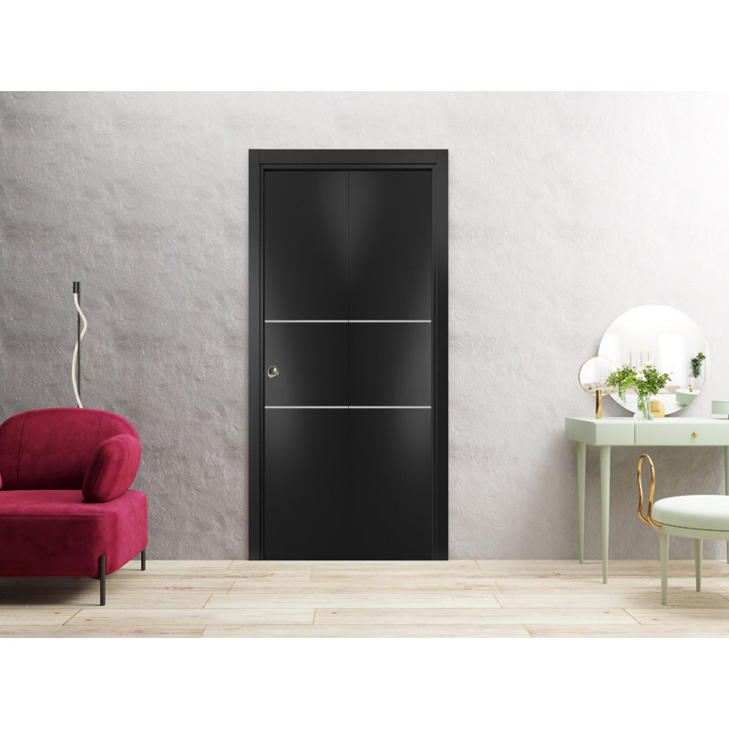 Porte pliante à panneaux en bois, Noir mat, 64 po x 84 po