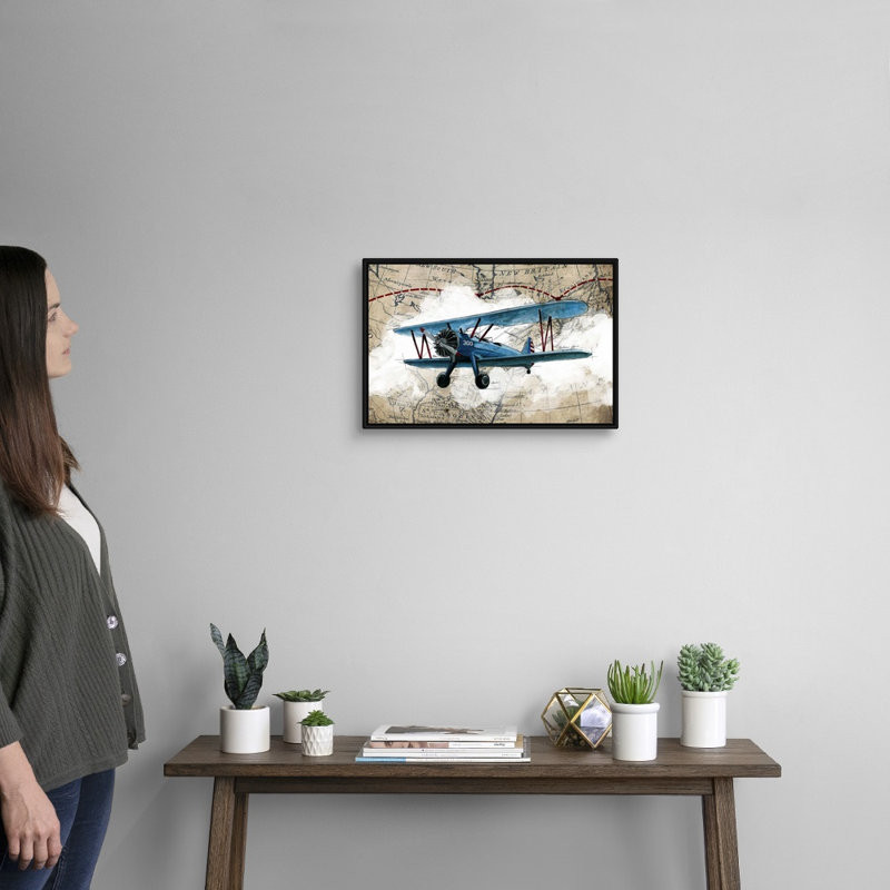 Biplane 1-impression d’art graphique sur toile, H 14 po x l 20 po x P 1,75 po, Cadre noir
