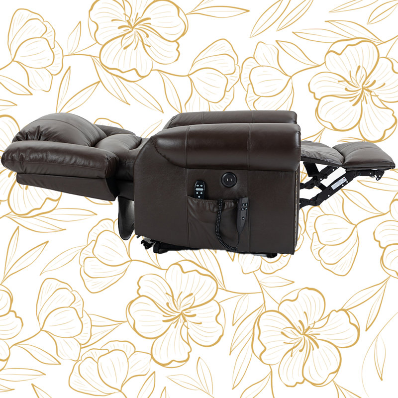Katrein Lay Flat Leather Match Power Lift Recliner with Massager and Heat, Infinite Position, Dark Brown Leather Match