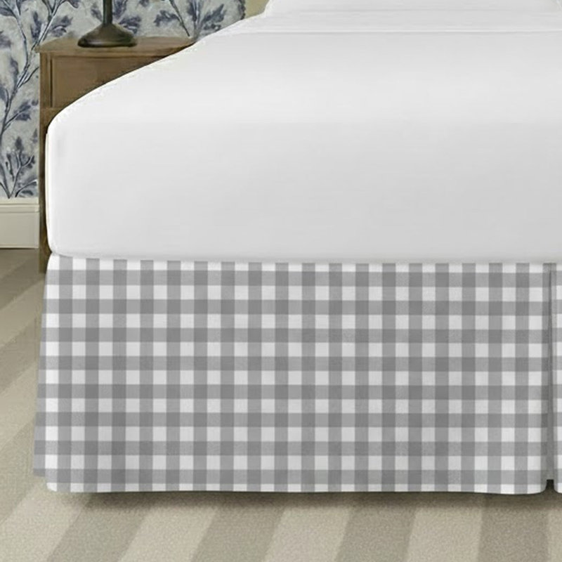Gingham Pattern Tailored Bed Skirt 15" Drop Length, Light Gray, Full