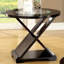 Table basse d'appoint de style contemporain avec base unique en forme de croix et plateau en verre de 5 mm soutenu par une structure en bois massif au fini espresso