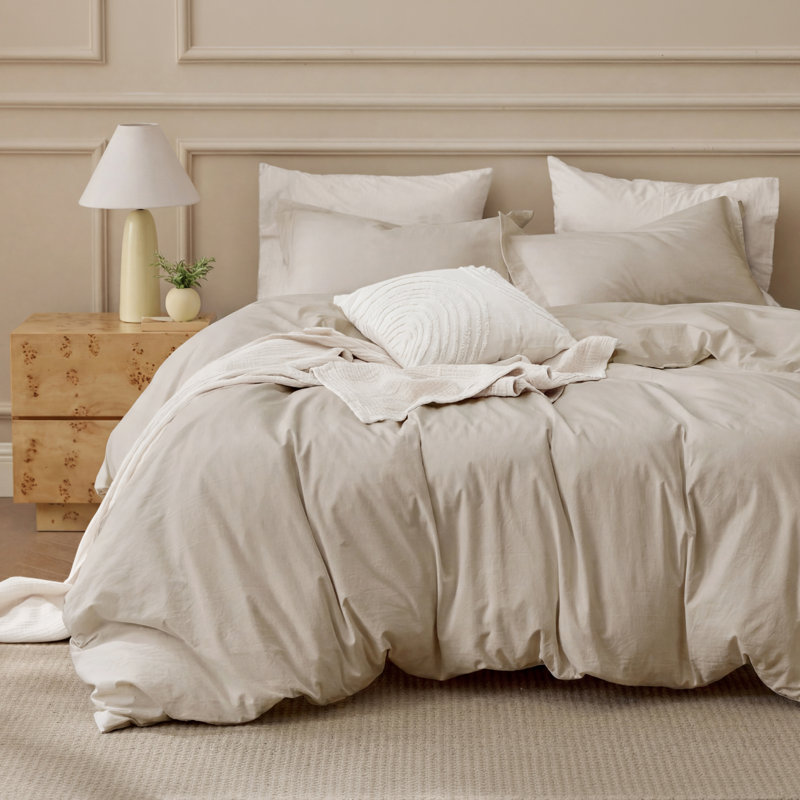 Bedsure 100% Washed Cotton Duvet Cover Queen Set - Minimalist Cotton Beding Set For All Season（set of 3）, Beige