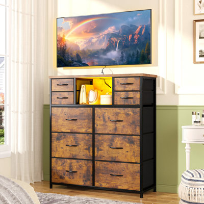 Tall Storage Dresser With Charging Hub & Lighting - 10 Fabric Drawers - Suitable For Bedrooms, Dining Rooms And Living Rooms by Wrought Studio
