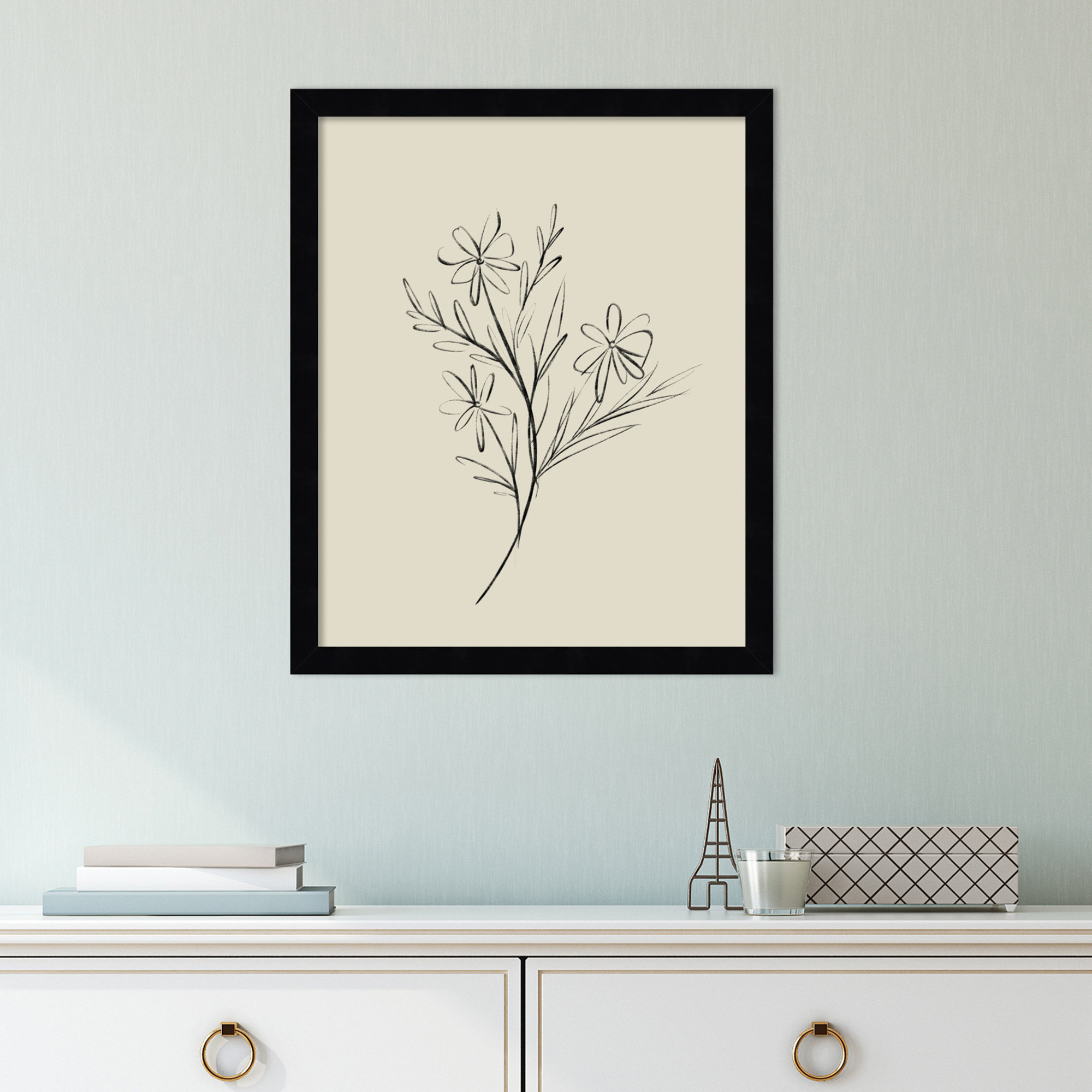 Line Drawn Flowers 1 by Border Bloom - Picture Frame Art, Black Framed, 17" W x 21" H x 1" D