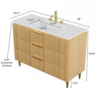 Meuble-lavabo 48 po, meuble-lavabo autoportant à bord en contreplaqué ultra-mince à bords courbés, 3 tiroirs, lavabo intégré en pierre frittée blanche, chêne clair pré-assemblé