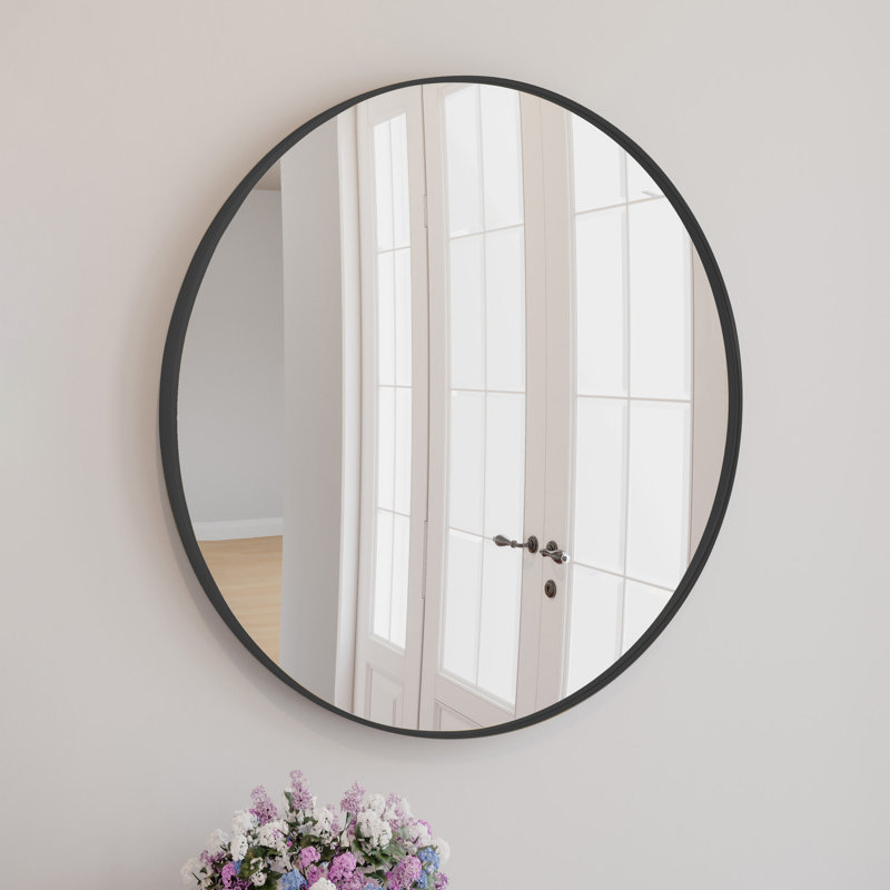 Adrihanna Round Wall Mirror With Frame,, Matte Black, 36" x 36"