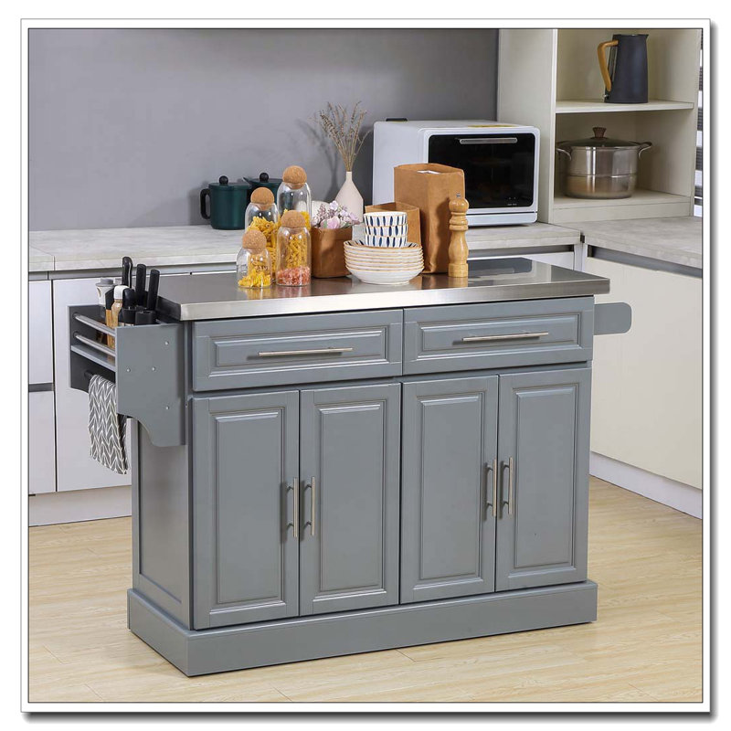 Îlot de cuisine 57 po avec plateau en acier inoxydable, Gris