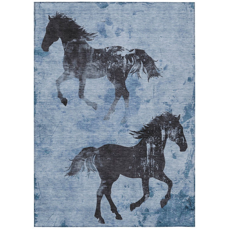 Tapis intérieur lavable bleu et gris anthracite 8 pi x 10 pi pour cheval
