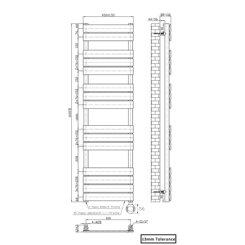 Flat Panel Towel Rail Heated Towel Rails, Anthracite, 160cm H x 45cm W x 6.2cm D