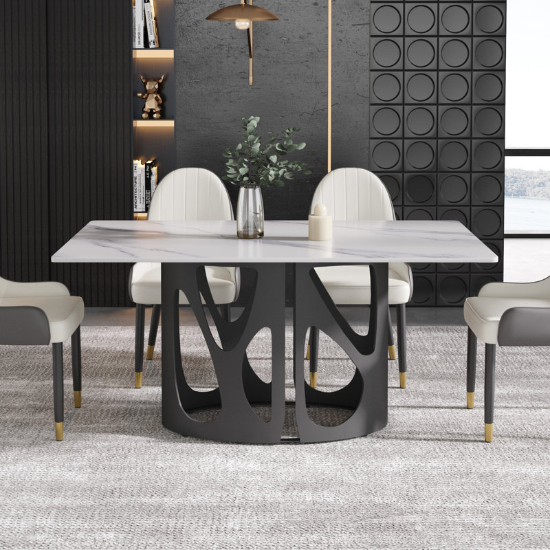 Ensemble de table de salle à manger rectangulaire en marbre 7 pièces 62,99 po avec 6 chaises en similicuir Juvan, Blanc