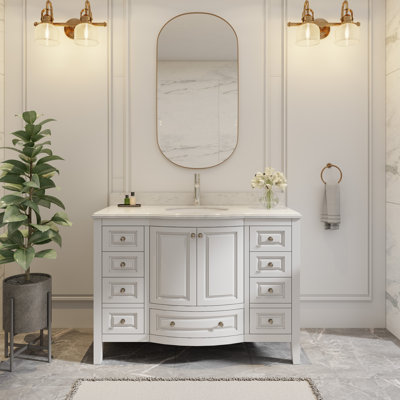 Mandilyn 48" Fully Assembled Single Sink Bathroom Vanity with Engineered Stone Top, Ceramic Sink, Backsplash Included, Soft-close Door Hinges and Drawers, Hand Paint