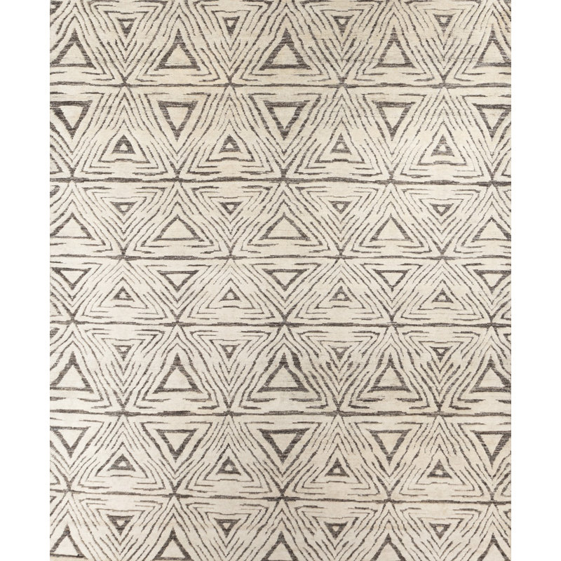 Xerxes Geometric Hand-Knotted Wool Cream/Gray Area Rug, Rectangle 12' x 15'