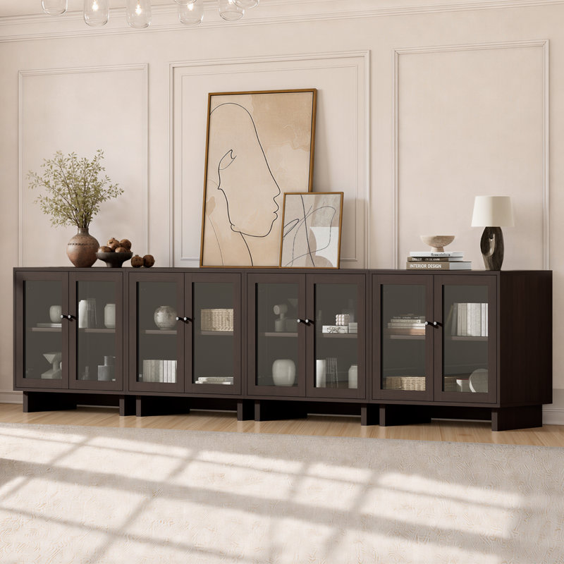 Buffet à portes vitrées de 80 cm de large avec tablette réglable et fini grain de bois (ensemble de 4), noyer brun
