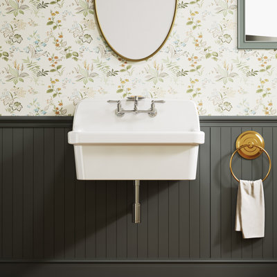 Ellai White Ceramic Utility Sink 30" Farm Style Wall Mounted Laundry Sink with 8 Inch Center Faucet