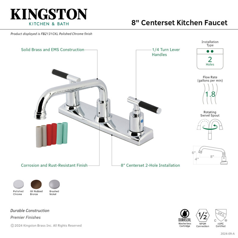 Kingston Brass Kaiser Two-Handle 2-Hole 8" Centerset Kitchen Faucet, Polished Chrome