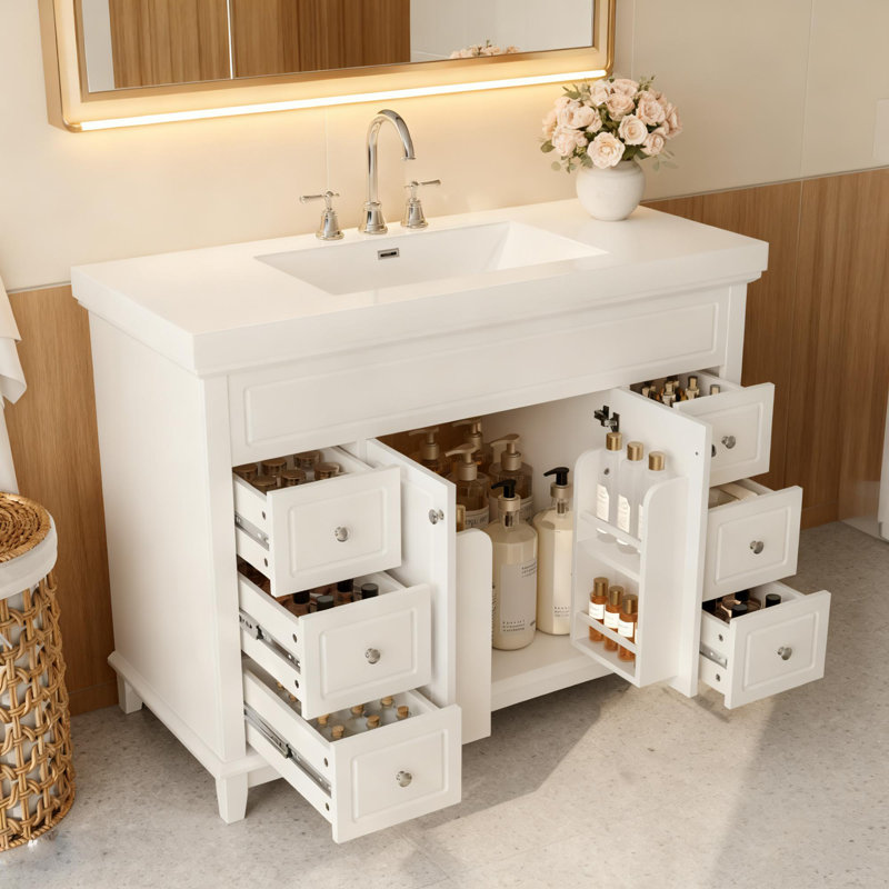Meuble-lavabo 47,25 po avec plateau en résine et armoire de rangement, tiroirs