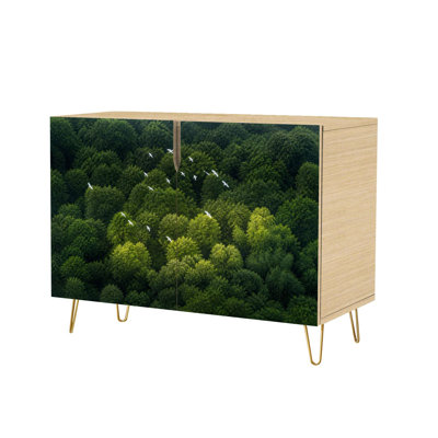 Buffet moderne vert forêt, motif oiseaux blancs, avec 2 portes de rangement dissimulées. Mobilier multifonctionnel et compact, idéal pour le salon, la cuisine, l'entrée ou le coin café.