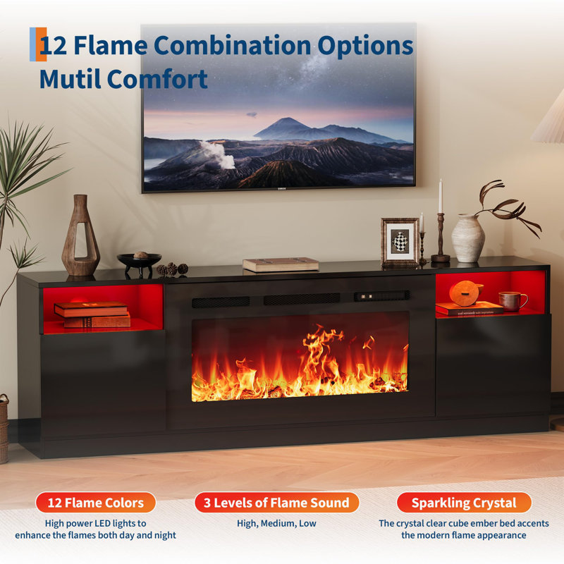 Meuble télé de 70 po avec foyer électrique de 36 po, grand centre de divertissement multimédia à texture de bois moderne avec armoire de rangement Highlight et lumières DEL 12 couleurs pour téléviseurs de 90 po ou moins, 80 po