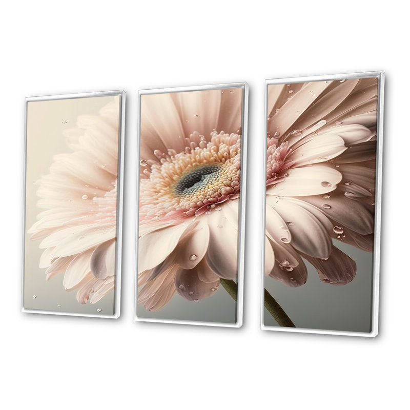 «Pink Gerbera Flowers I», reproduction sur toile 3 pièces, L 48 po x H 32 po, Cadre blanc