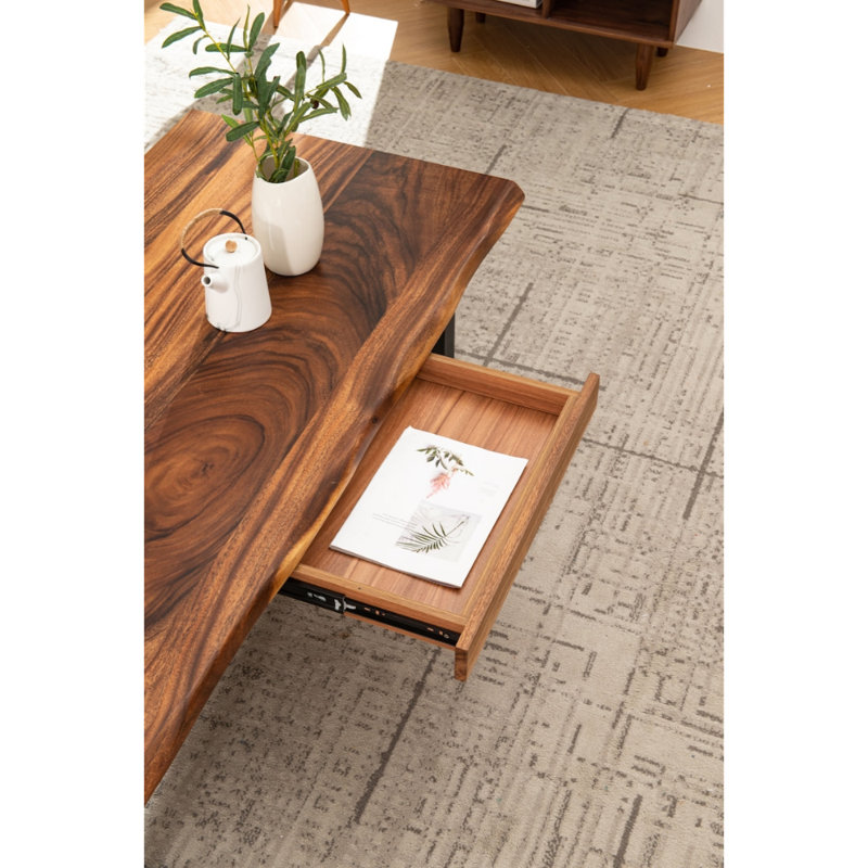  Live Edge Coffee Table with U Shaped Legs and South American Walnut, with Drawer Storage, 17.5" H x 58" L x 28" W