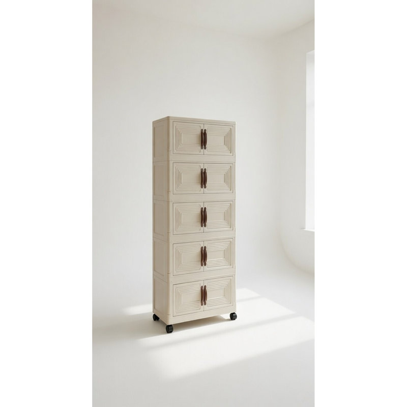 Armoire de rangement à 5 niveaux avec portes et roues, organisateur pliable empilable, unité de rangement verticale peu encombrante pour la chambre à coucher, le salon, la cuisine et le bureau