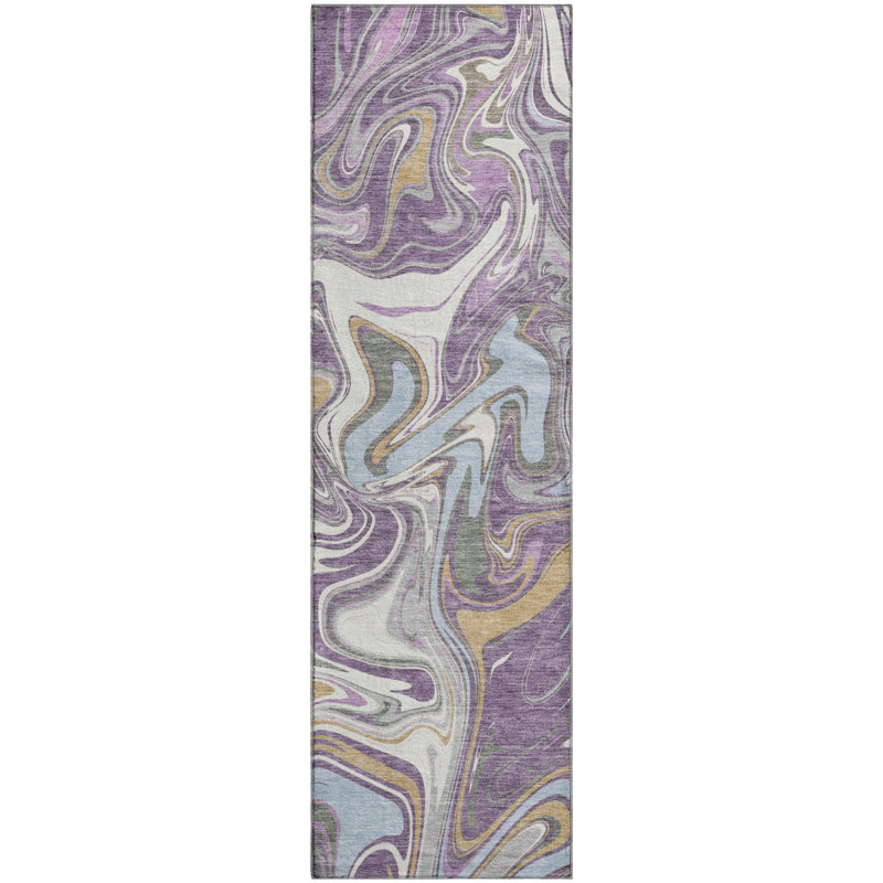 Premium Machine Washable Mayfield AMF2395 Abstract Rug, 2'3" x 7'6" Runner, Purple