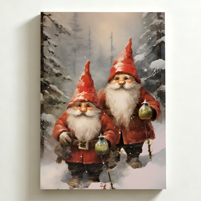 Gnomes in the Snowy Wood Watercolor Christmas Canvas Wall Art, 16" x 24" Gallery Wrapped Canvas Print, Red & Blue Winter Magic Wall Decor for Entryway, Living Room & Hallway