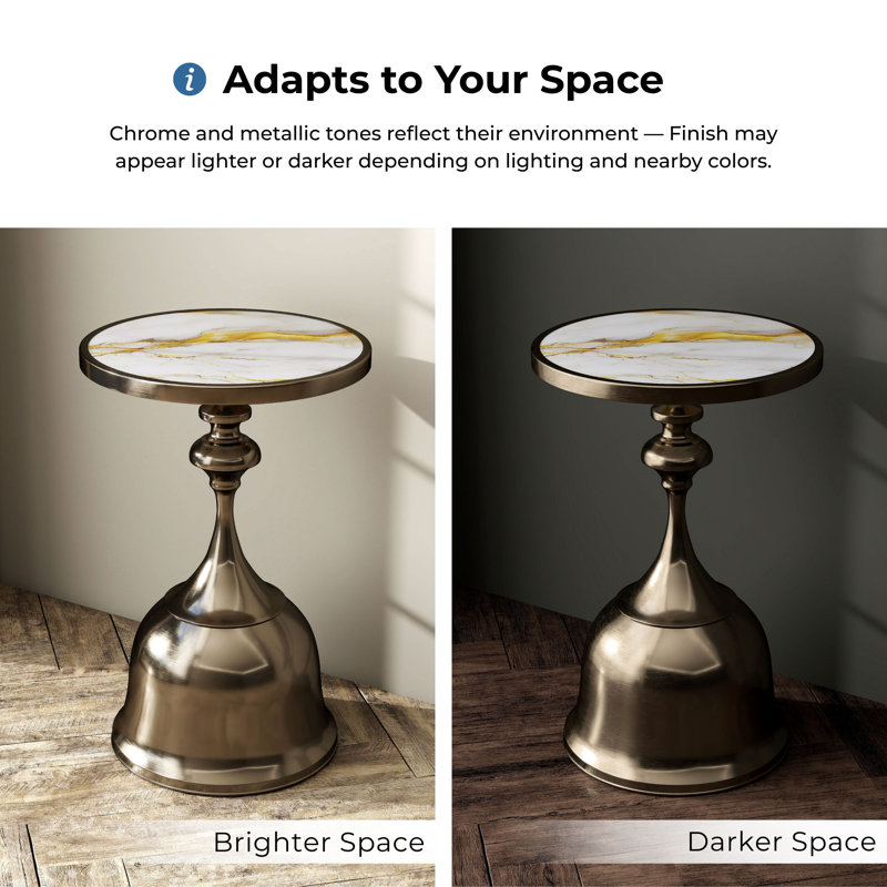 Cheryll Metal Side Table With White Marble-Pattern Top And Bell Base