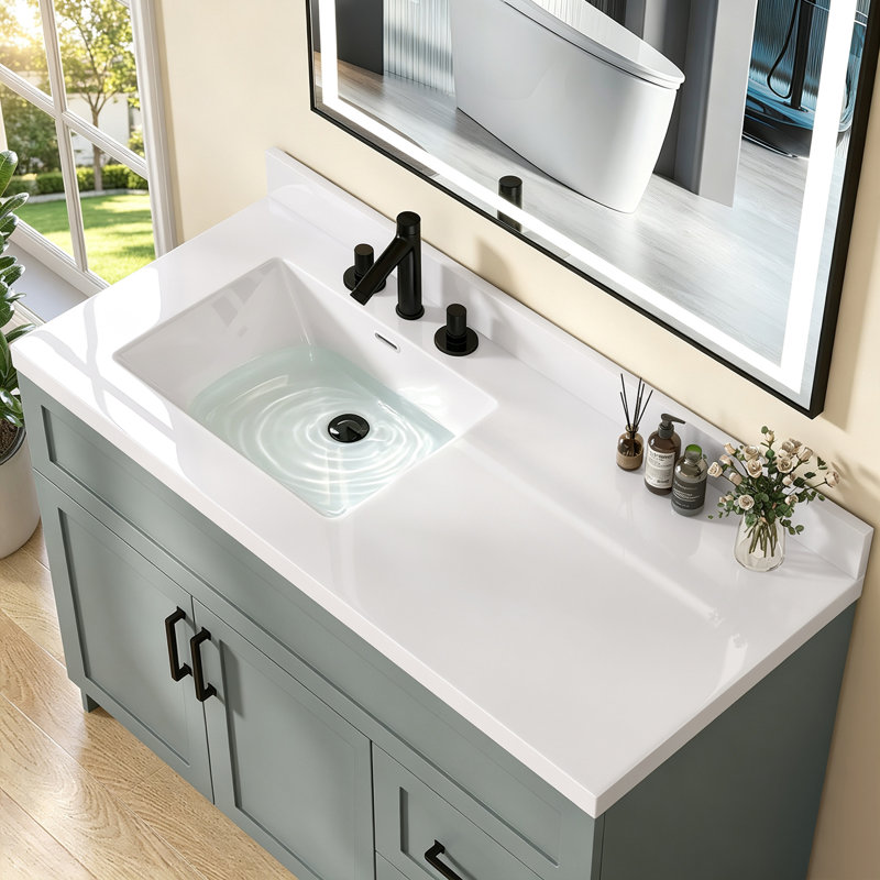 42" W × 22" D Solid Surface Vanity Top with Integrated Left side Single Sink White Bathroom Countertop with 3.5" Backsplash & 3 Pre Drilled Faucet Holes for 8" Widespread
