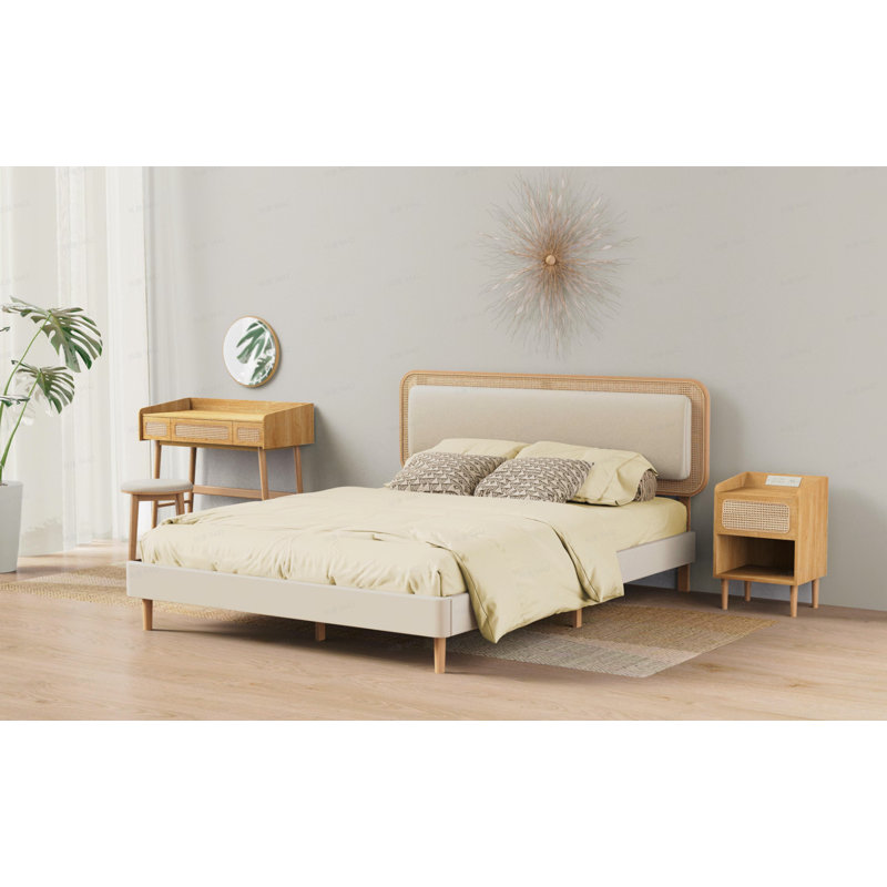 Delaylah Bed Frame, with Rattan-Like Adjustable Upholstered Headboard, Boho Style, Queen