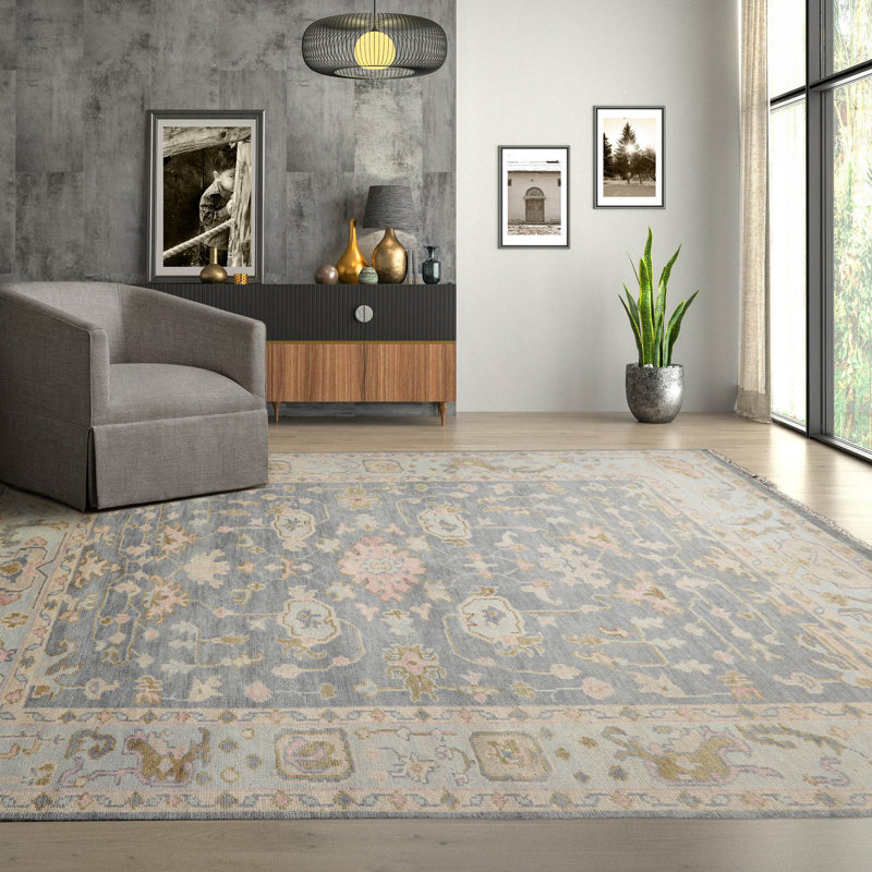 Tapis oriental en laine fabriqué à la main en gris / beige, Rectangle 12 pi x 15 pi