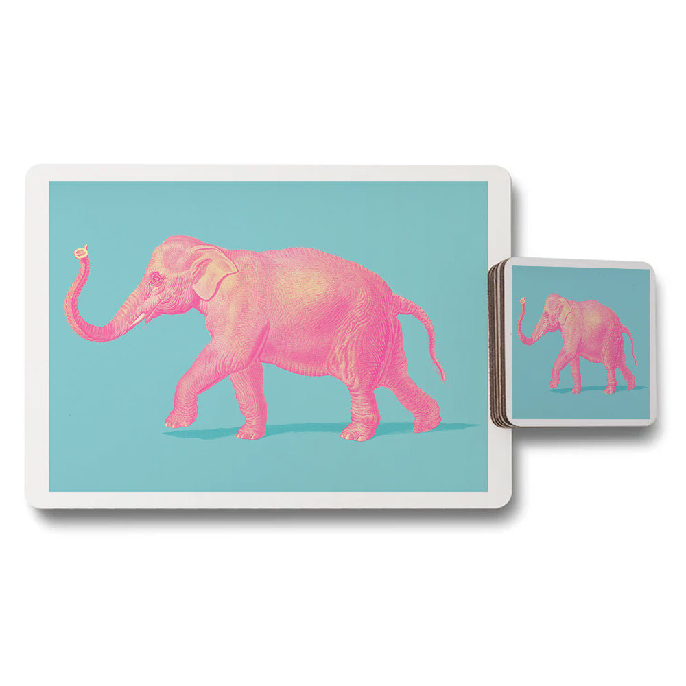 Pink Elephant Placemat And Coaster Set On Turquoise Background