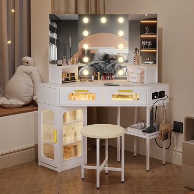 Dressing Table with Motion Sensor 3-colour lighting, Charging Socket, Storage Drawers and Stool