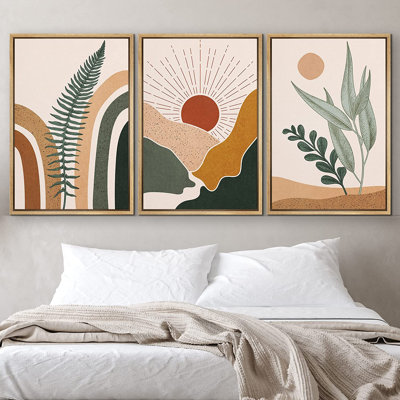 Mid Century Modern Boho "Abstract Fern Leaf & Desert Landscape Artwork, Warm Earth Tone Triptych Wall Pictures, Framed Canvas Giclée Print 3 Pieces Wall Art" 16"x24"x3 pcs, 24"x36"x3 pcs