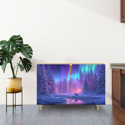 Sideboard Buffet Cabinet with Storage Mystical Winter Forest Aurora Sky Lone Wolf with 2 Doors for Living Room and Kitchen