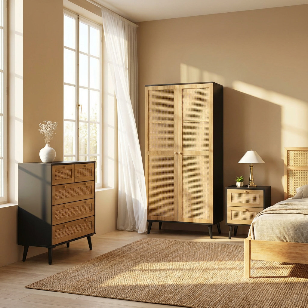 B&Q - Manila Black & Pvc Rattan 3 Piece Bedroom Set With 2 Door Double Wardrobe2 Drawer Bedside And 3+2 Drawer Chest - Image 3