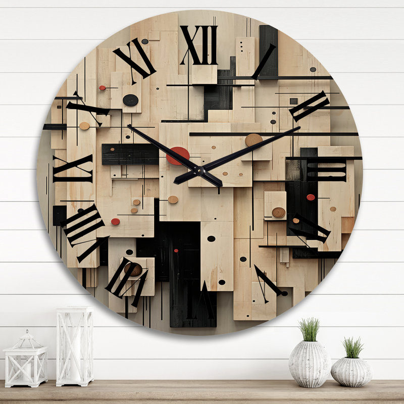Garden of Urban Groove Abstract Geometrics IV - Horloge murale moderne surdimensionnée en bois, Très grand